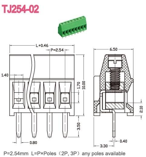admission à angle droit verte en laiton de fil de TB de carte PCB de 2.54mm