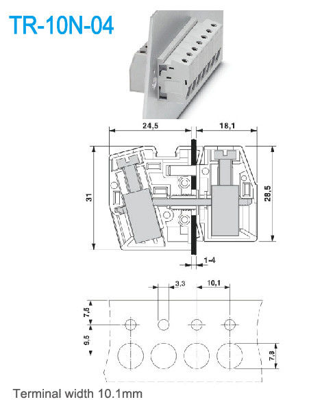 10.1 mm Largeur de borne à travers les panneaux de borne en laiton UL94 V0 65A 300V 2P-24P