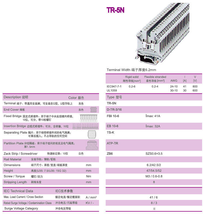 A.W.G. sur rail 30-10 des TB 600V 30A de Grey Width 6.2mm