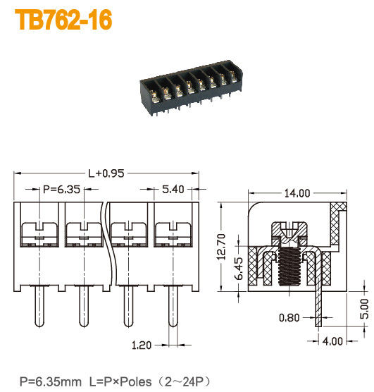 Laiton UL94 V0 du lancement 300V 15A du TB 6.35mm de barrière de PBT