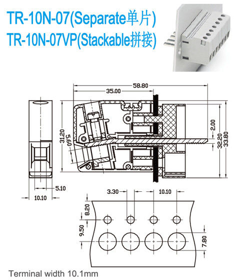 alimentation de 300V 65A par la largeur terminale du laiton M4 PA66 10.1mm des TB UL94-V0