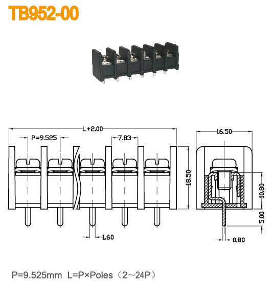 Espacement de l'admission à angle droit de fil du TB 300V 20A 2-24 Polonais de barrière de 9.52mm