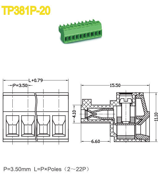 Connecteur de TB enfichable femelle PA66 lancement 3.5mm 300V 8A 2-22 pôles
