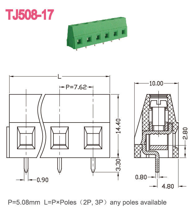 type vert en laiton du TB 300V 10A de carte PCB de vis de 5.08mm euro soulevant la série