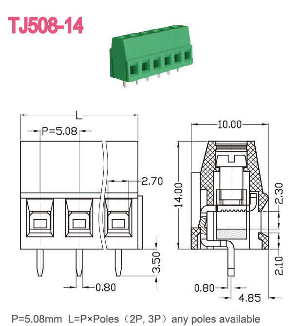 couleur verte du TB 300V 10A M3 2-24 Polonais de vis de carte PCB de lancement de 5.08mm