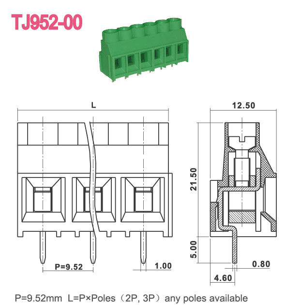 TB 300V 30A 2-16 Polonais de carte PCB de la vis 9.52mm de M3 de couleur verte