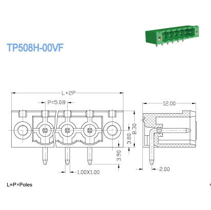 Les prises mâles sont branchées dans le bloc terminal, avec une hauteur de 5,08 mm, 300 V/18 A, 2-22 pôles.