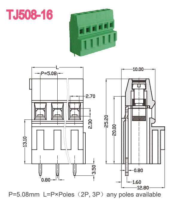Longueur de dépouillement verte 12-26AWG de la vis 6-7mm du connecteur 300V/10A M3 de TB