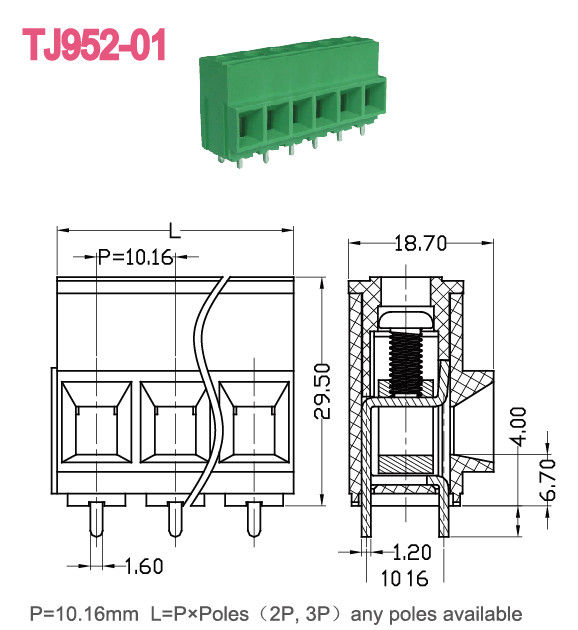 57A Bloc de terminaison de vis de PCB 10,16 mm Tension Euro Série de levage 2-16 pôles UL Données techniques