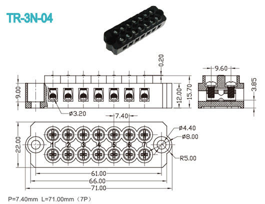 7 Polonais la vis M3 en laiton d'A.W.G. branchent de TB de connecteur 300V/20A noir 12-16