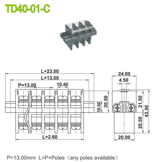 Lancement de perforation de connecteur de TB de puissance de bâti du panneau 40A laiton PBT de 13mm