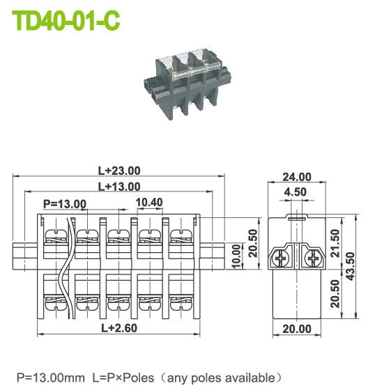 laiton PBT de la vis M5 du lancement 13mm de perforation de connecteur de TB de puissance de bâti du panneau 40A