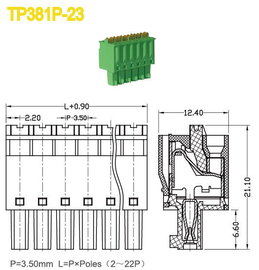 Positions que l'on peut brancher vertes 300V/8A UL94-V0 de la femelle 2-22 de TB de l'espacement 3.5mm