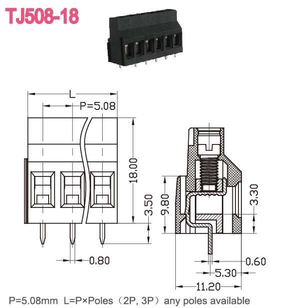 Euro en laiton noir de TB de vis de carte PCB soulevant le type A.W.G. de la série 300V 10A 12-24