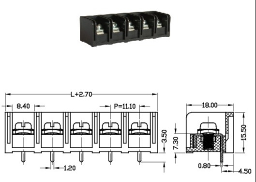 TB de barrière du noir de lancement de 11mm 20A avec 2-12 Polonais PBT en laiton