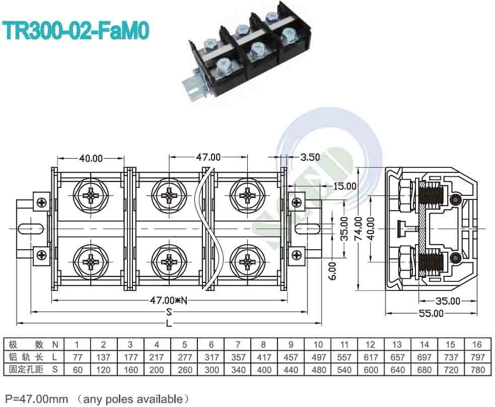 Bloc de borne de montage de panneau de circuits imprimés 47.00mm 600V 300A PC Connecteur de borne à vis noir