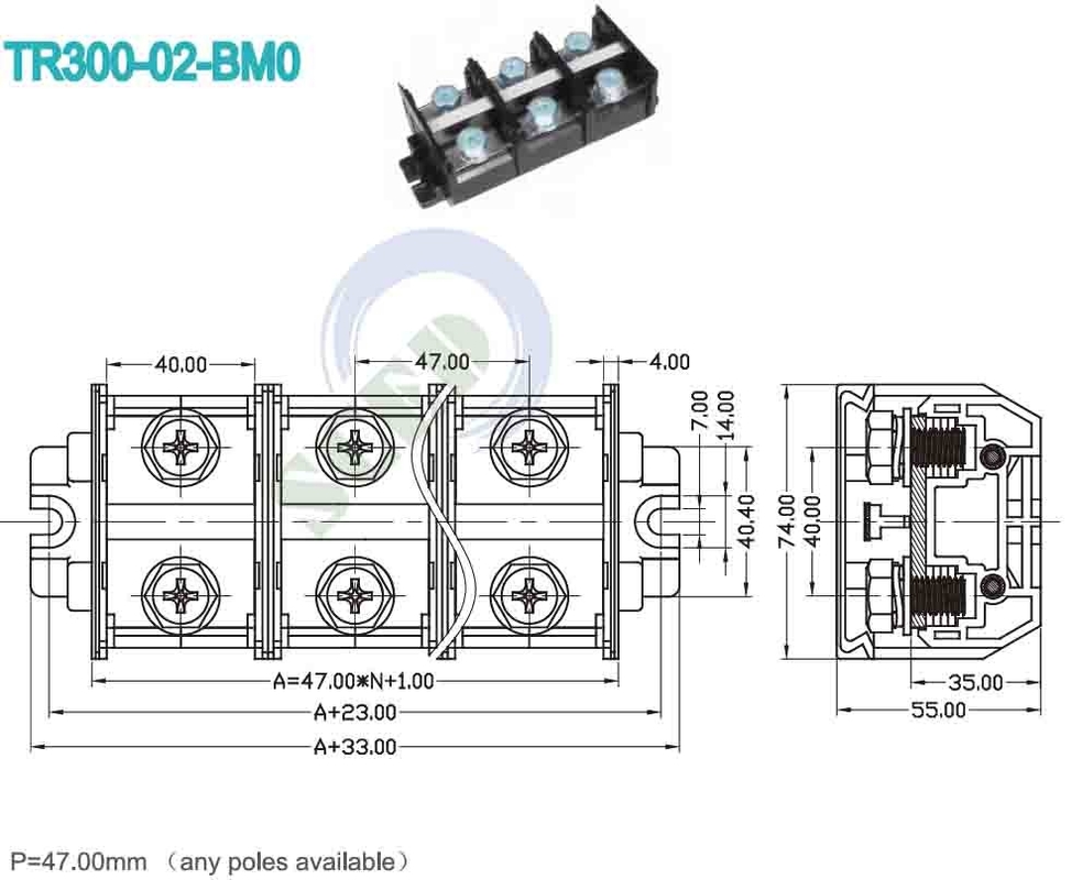 300A Bloc de terminaux ferroviaires 47,0 mm 600V Matériau PC noir connecteur à vis