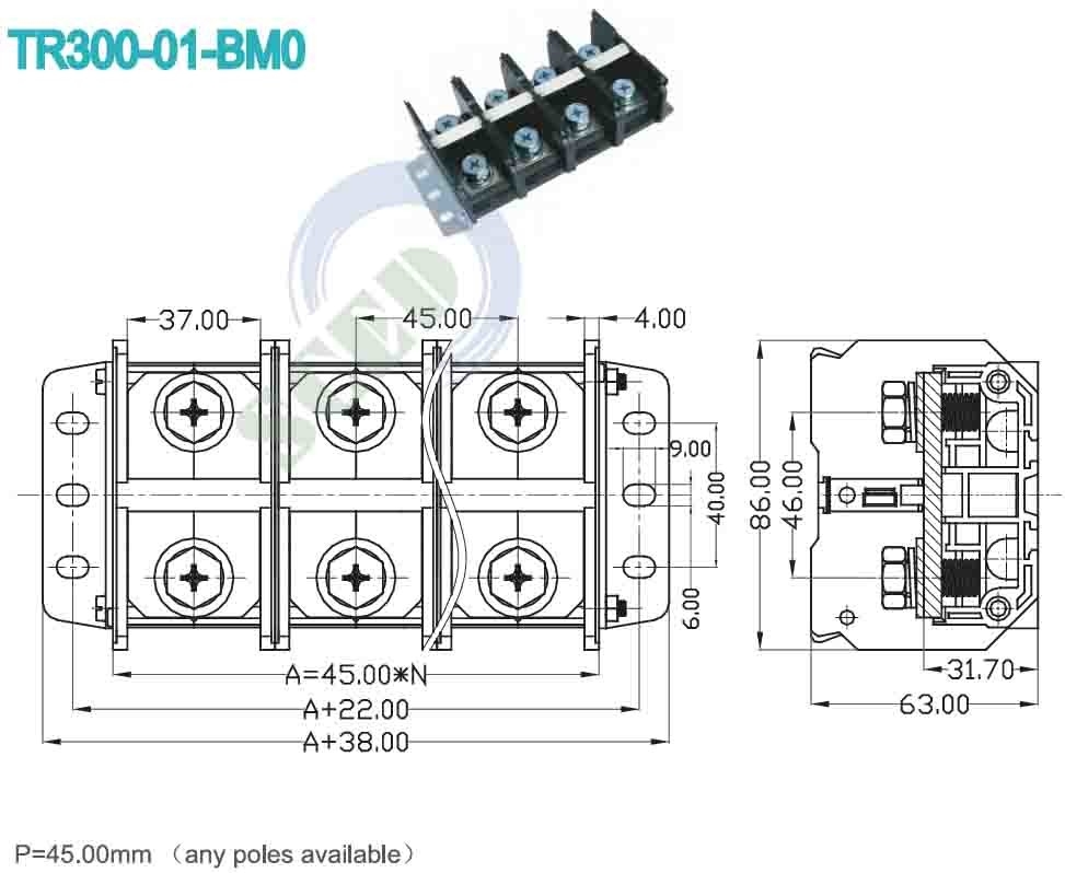 600V 300A Bloc terminal à courant élevé Voltage élevé 45.00mm Connecteur de terminal électrique