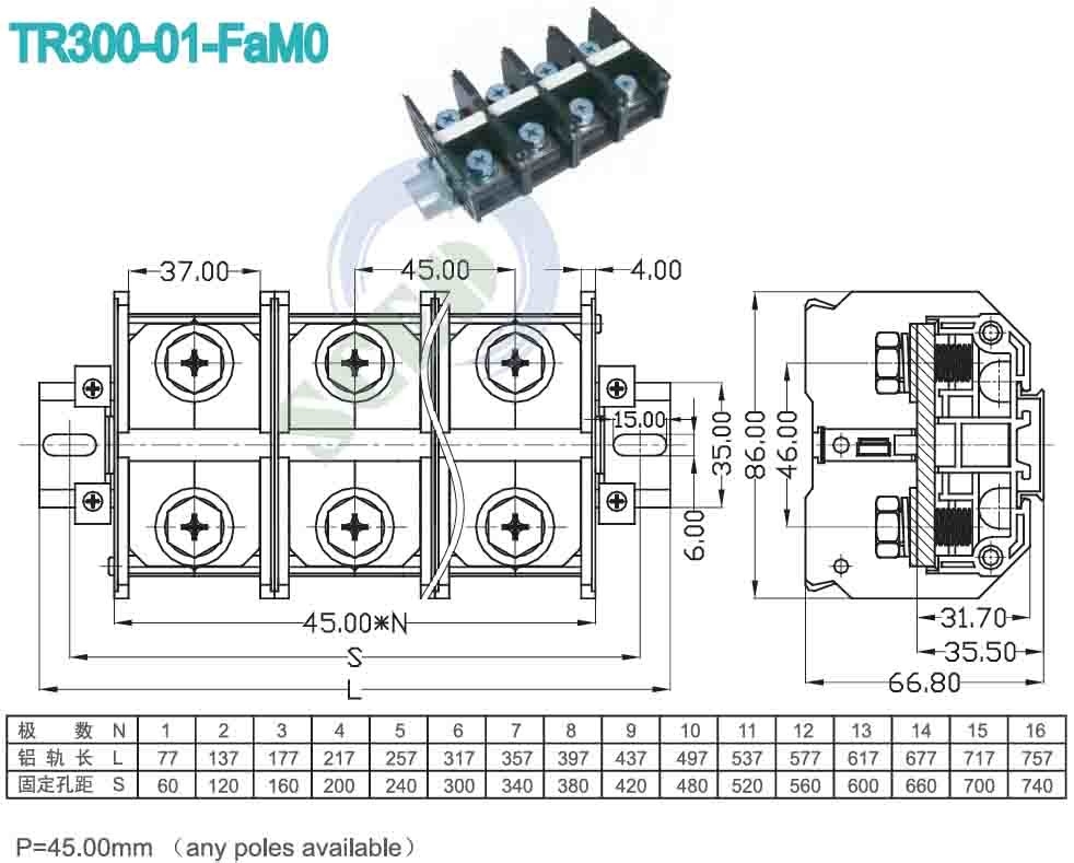 45.00mm Panneau de haute tension du terminal PC Bloc 4P Connecteur à vis noir