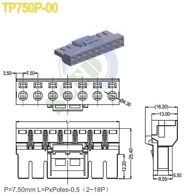 PA66 connecteur de bloc de borne pluggable en plastique gris 7,5 mm de hauteur 300V 16A 2-18 pôles