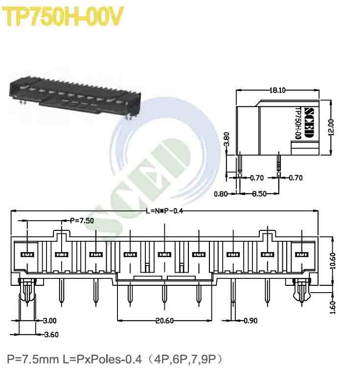 LCP plaqué or Bloc de borne enfichable de couleur noire avec angle droit 7,5 mm 300V 16A
