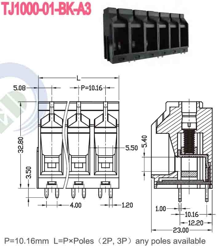 600V PA66 10,16 mm 57A bloc de borne de ressort avec cage de pince en laiton φ1,8 -40C- 105C