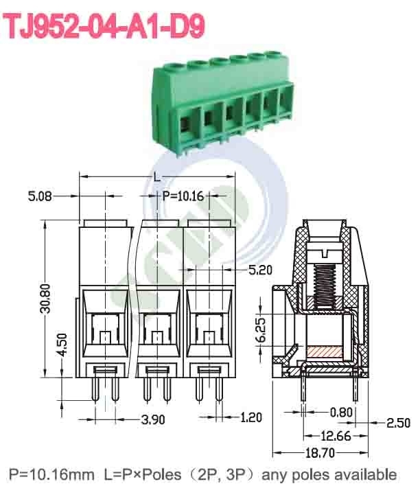 10.16mm 57A Bloc terminal de PCB vert cuivre PA66 plaqué au nickel