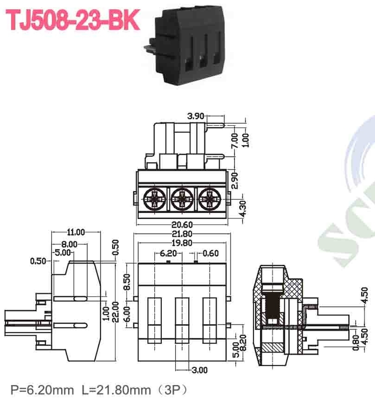 300V 10A M3 connecteur de bloc terminal à vis 12 24 AWG PBT 6,2 mm d'espacement en laiton