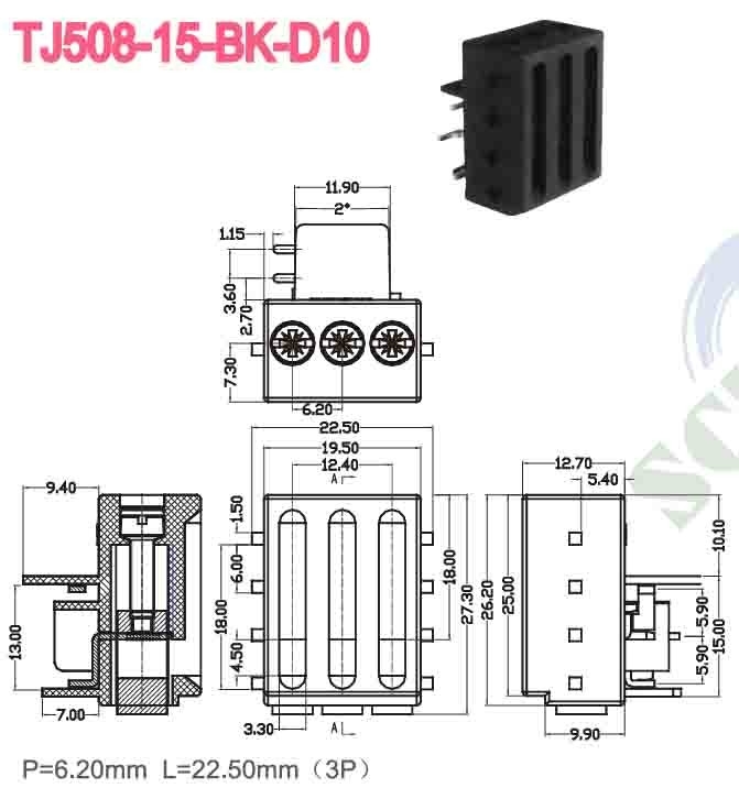 Connecteur de bloc terminal de 300V 15A de 6,2 mm pour PCB à vis M3 et plaqué en étain