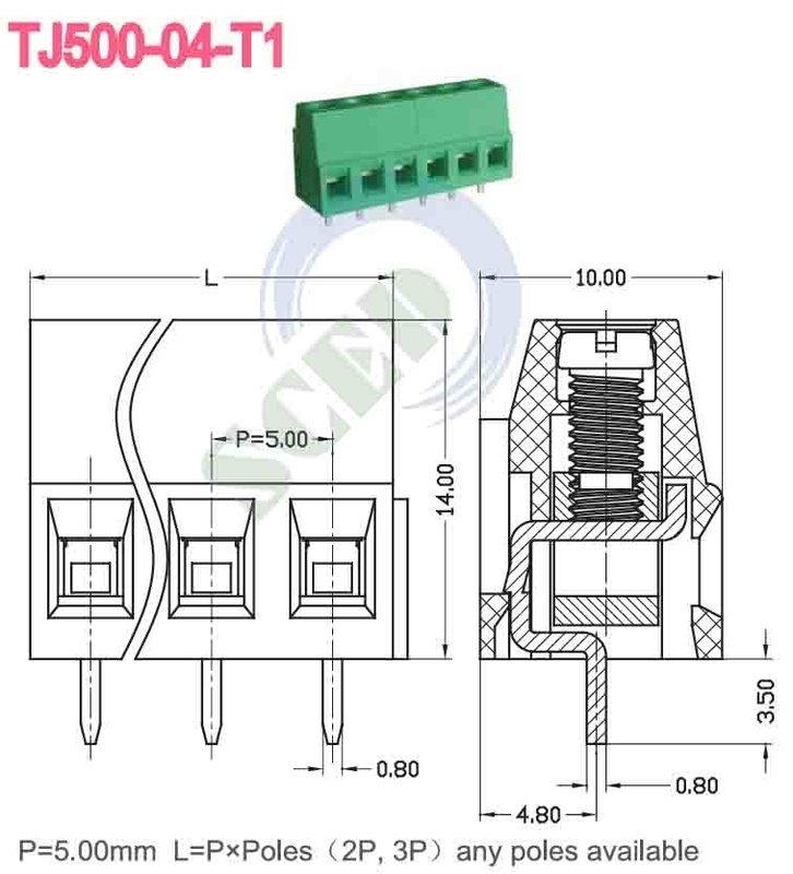 300V 10A M3 vis 12-26 AWG connecteur de bloc terminal PA66 Matériau isolant Vert 5.08mm d'espacement
