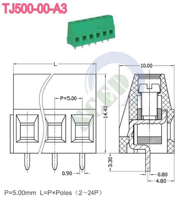 La hauteur de l'entrée est de 5,00 mm 300v, le bloc terminal de PCB est de 10A 2P-24P, l'entrée de fil à angle droit est de 12-26 AWG.