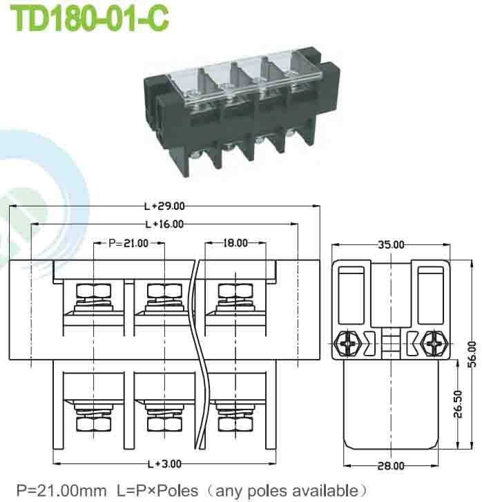 21.00mm PBT alimentation à travers 180A panneau monté bloc terminal de perforation avec revêtement en plastique